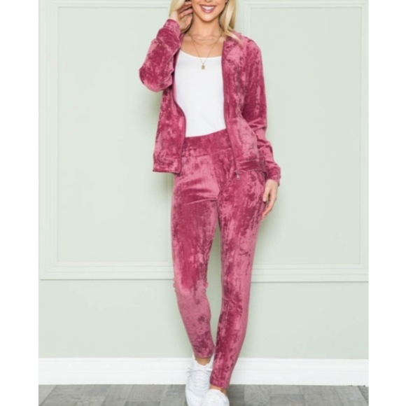 Zip Hoodie Velour Track Suit Set- Taupe - Picture 5 of 7